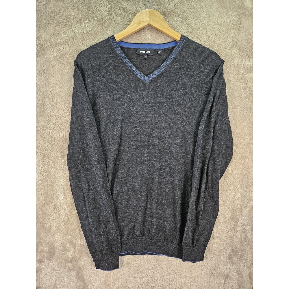 Jared Lang Merion Wool Blend Sweater V-neck Knit Dark Gray Size L
